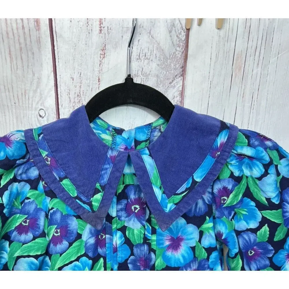 Vintage 80s Girls Dress Floral Pansy Pansies Prairie Cottagecore Blue Size 6X